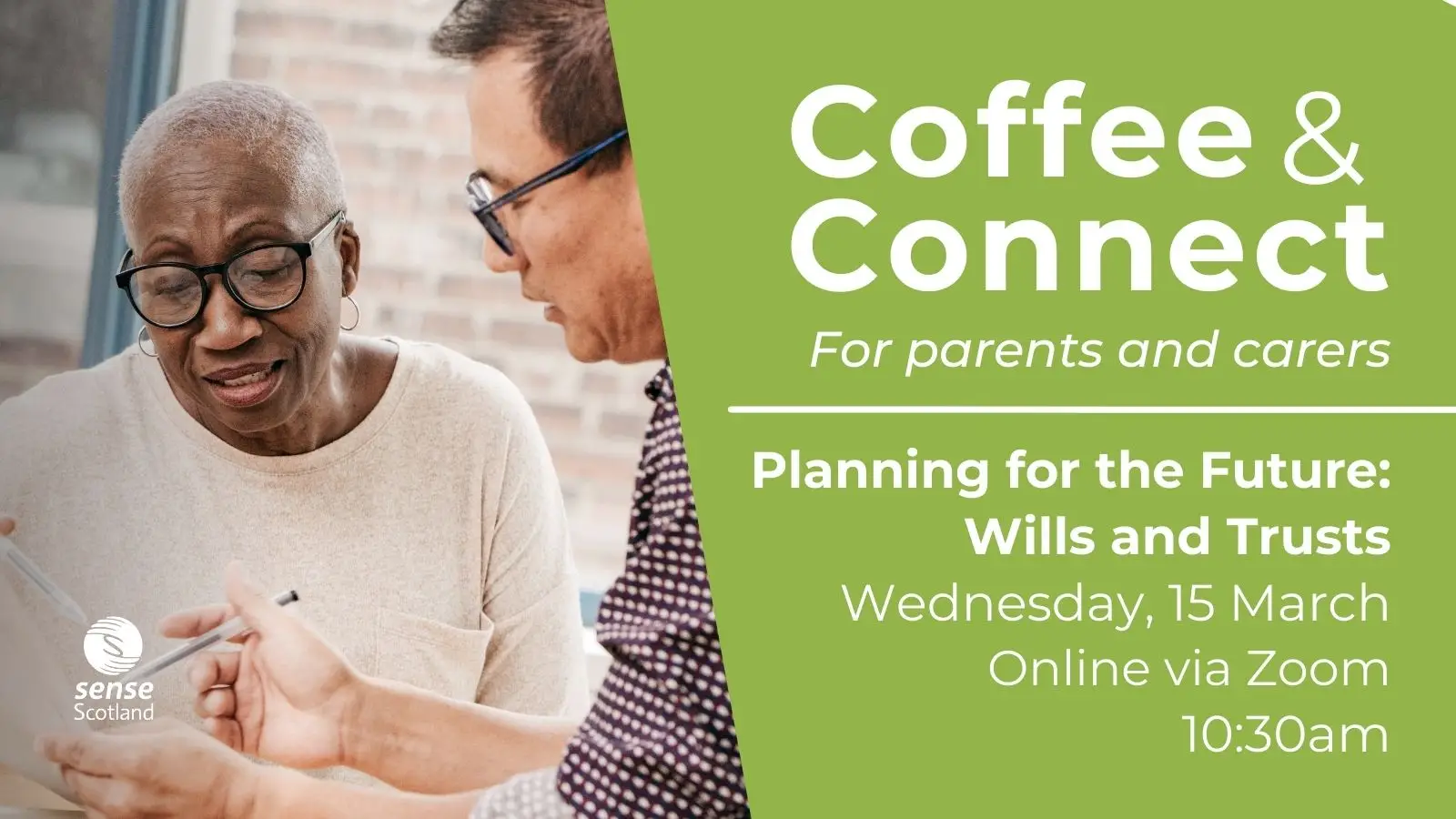 coffee and connect for parents and carers graphic - image shows a man with a pen showing a form to a woman