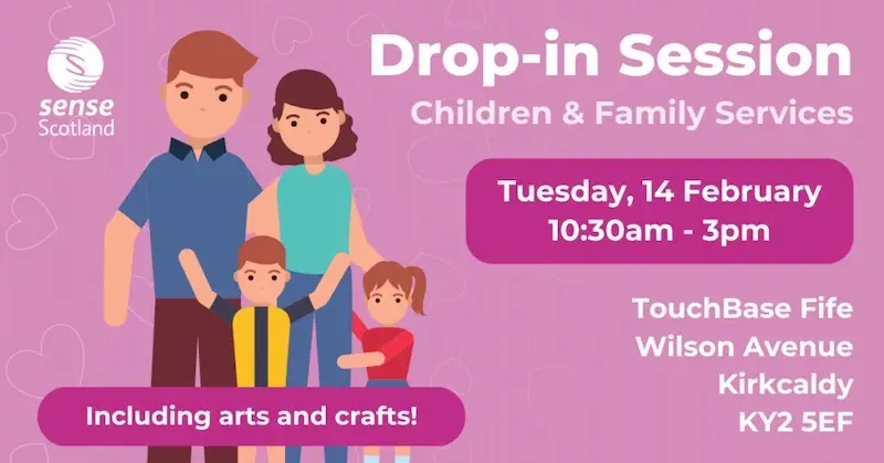 Graphic of family featuring two parents and two children for drop-in session by children and family services on 14 February at TouchBase Fife.