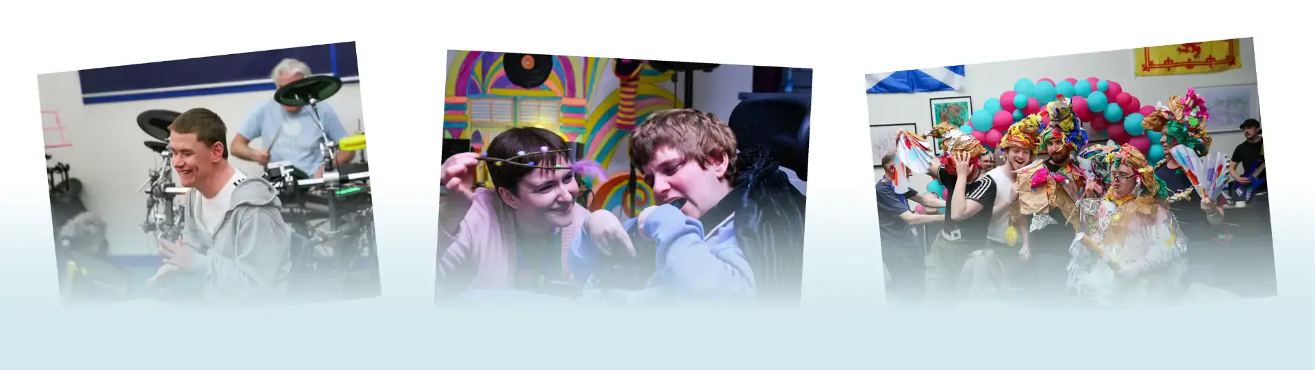 three images of people enjoying music. on the left, there is a young man smiling and playing a drum. in the middle, there is a woman waving a colourful stick in front of a person with additional support needs. on the right, there