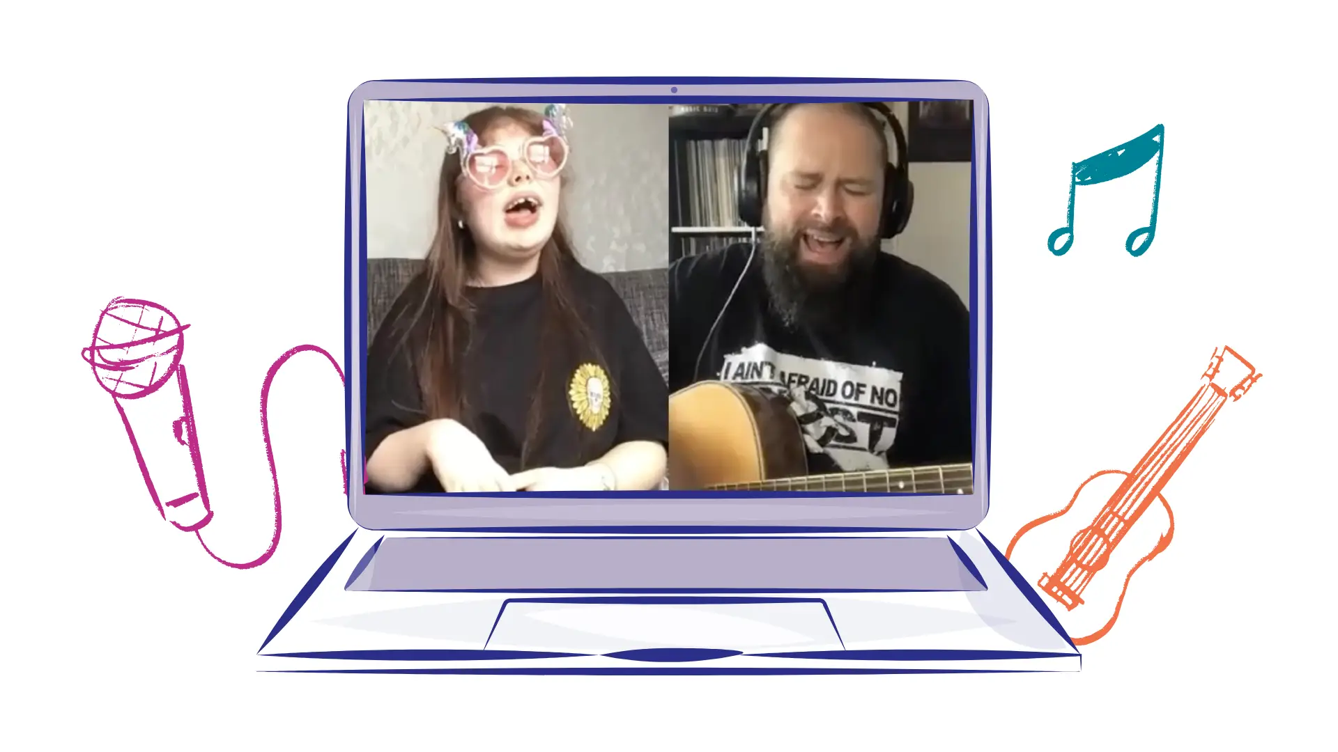split screen image of a girl on the left wearing coloured glasses and smiling and a man on the right playing guitar and wearing headphones. the images are placed inside a laptop graphic with music notes, a guitar, and a microphone around them