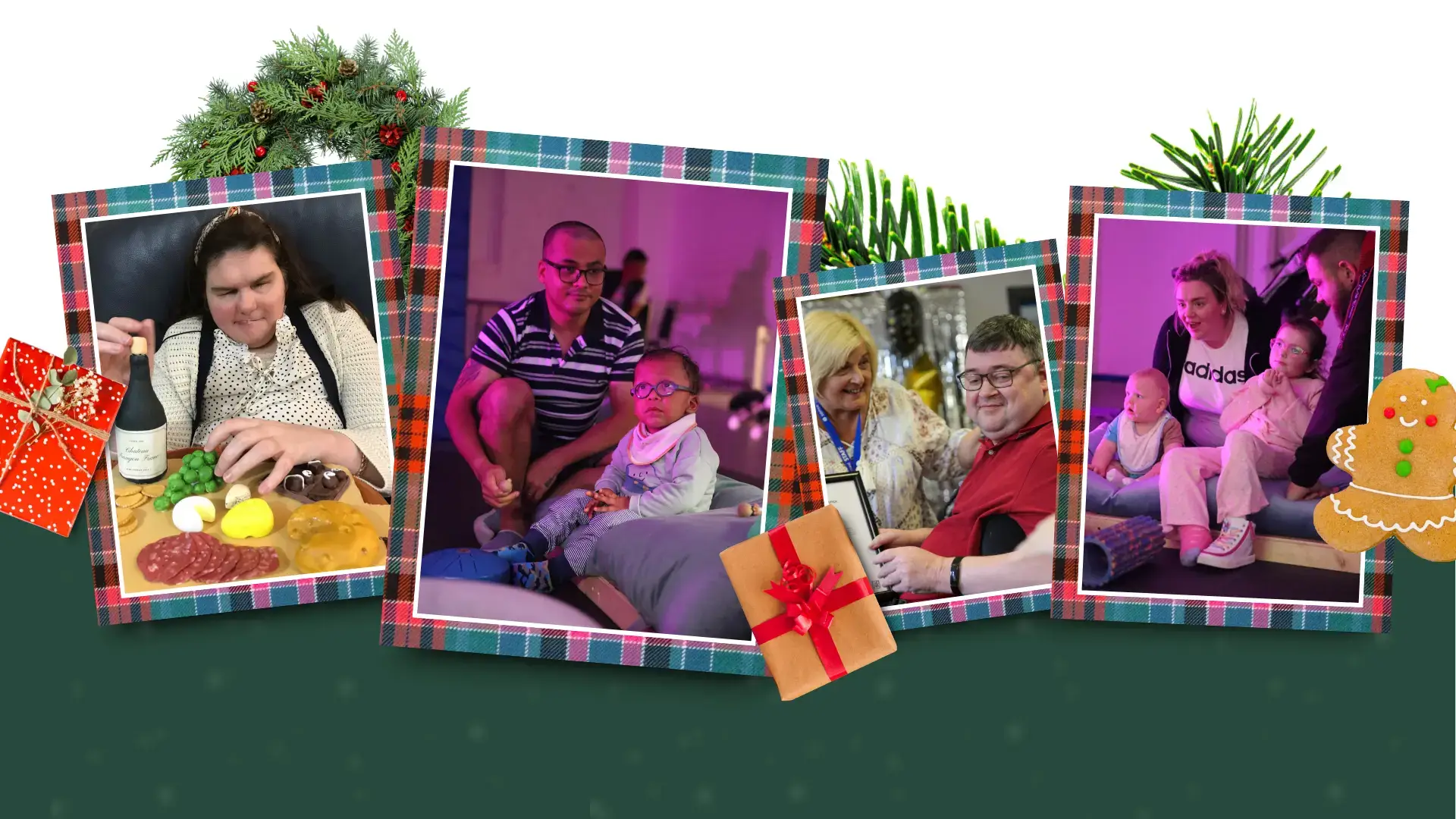 four photos of people supported by sense scotland in a tartan frame
