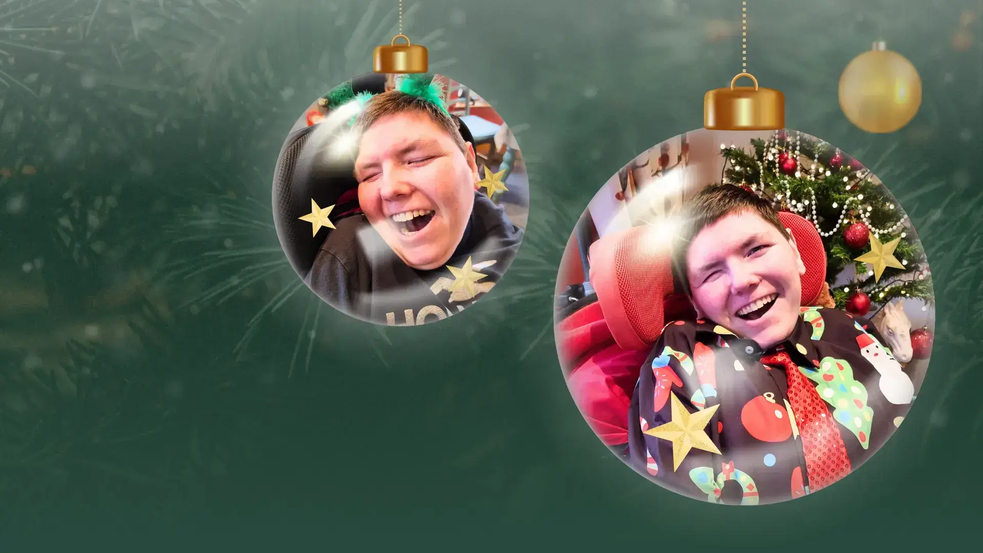 Two Christmas baubles with photos inside of a young man smiling wide