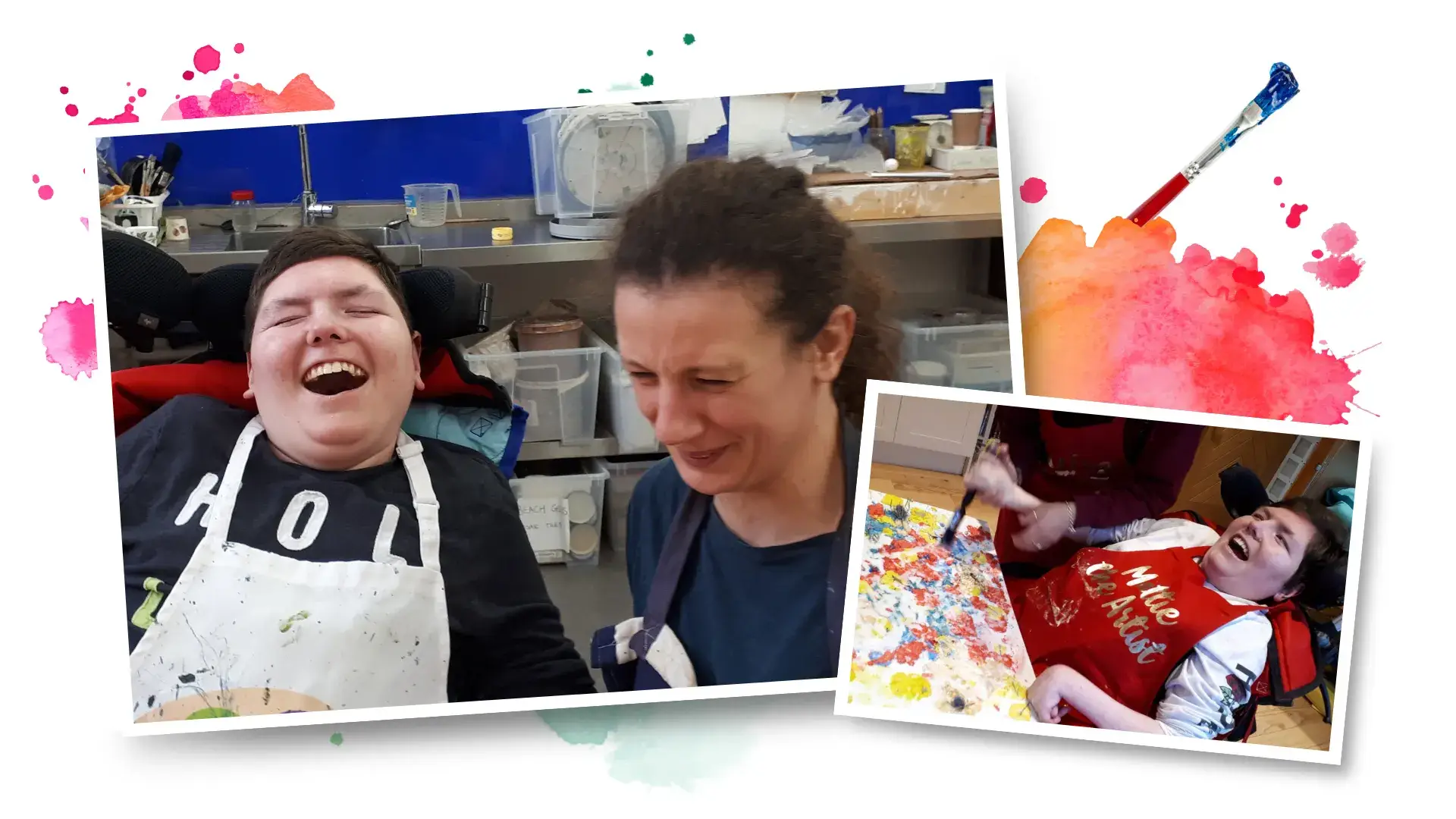 A young man and a woman smiling and painting
