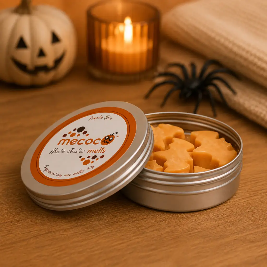 A tin of melts with the label 'Heebie Jeebies'. The melts are in the shape of bats. In the background, there is a pumpkin and a candle.