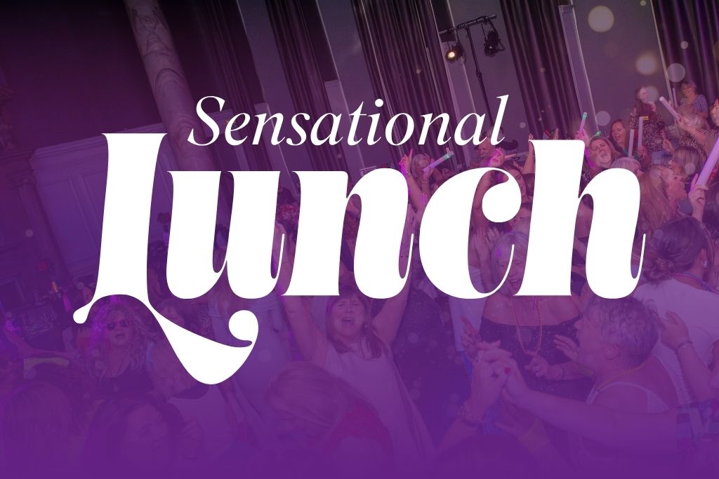 A cursive logo which says 'Sensational Lunch'. In the background is a purple gradient and a photo of people celebrating.