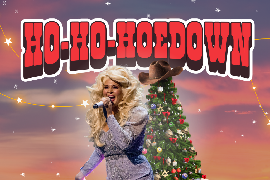 A graphic promoting Sense Scotland's Ho-Ho-Hoedown, featuring a Christmas tree with a cowboy hat and bingo baubles and a singer dressed as Dolly Parton.